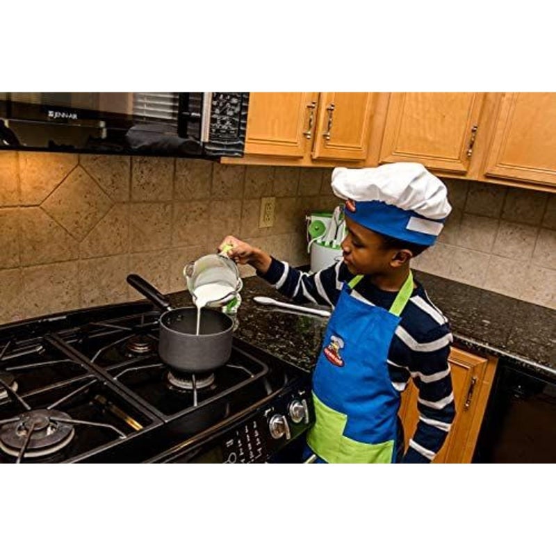 Curious Chef Child Textile Set - 4-Piece Set I Real Chef's Wear for Children I Child-Sized Apron, Oven Mitts & Hat I Machine Washable I Machine Washable I Blue/Green - Image 3